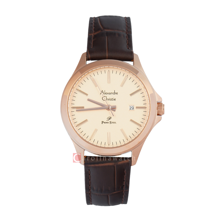 Jam Tangan Alexandre Christie Primo Steel AC 1026 LDLRGLN Women Rose Gold Dial Brown Leather Strap