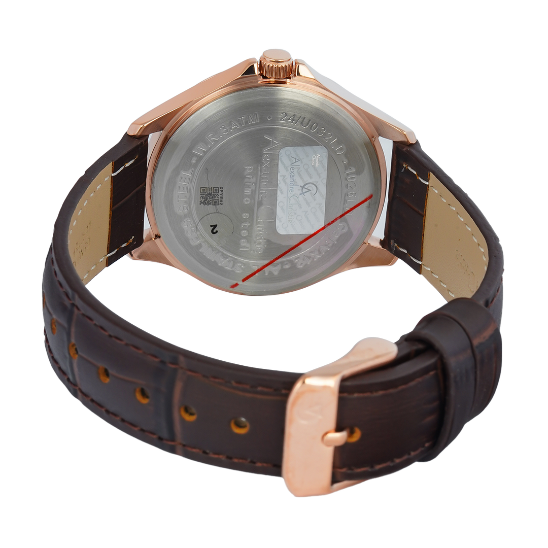 Jam Tangan Alexandre Christie Primo Steel AC 1026 LDLRGLN Women Rose Gold Dial Brown Leather Strap