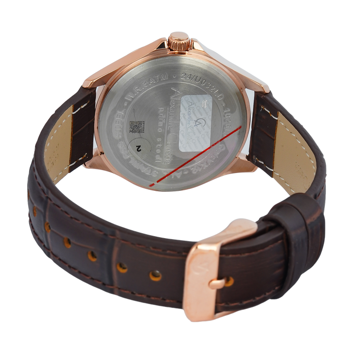 Jam Tangan Alexandre Christie Primo Steel AC 1026 LDLRGLN Women Rose Gold Dial Brown Leather Strap