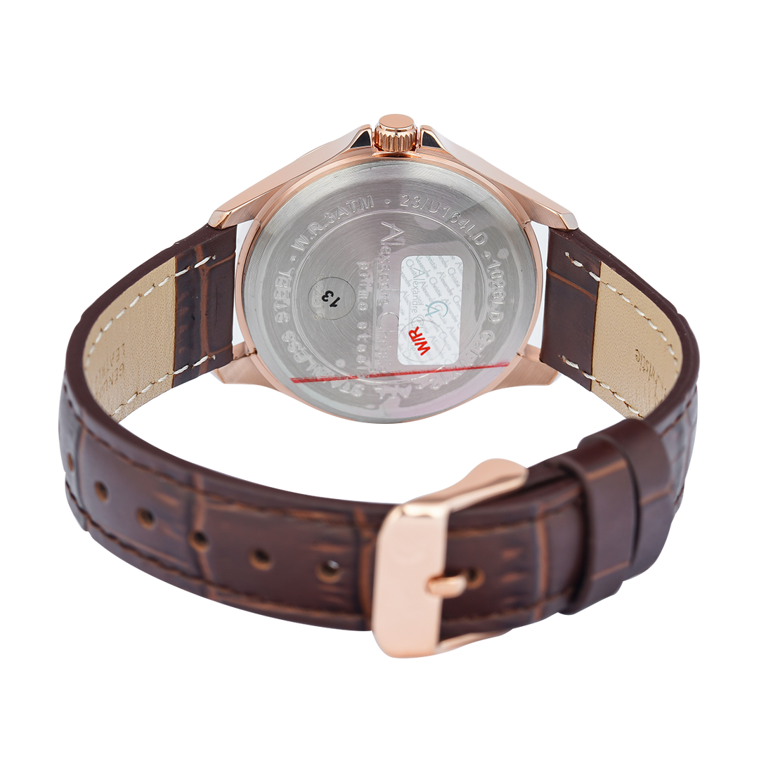 Jam Tangan Alexandre Christie AC 1026 LDLRGSL Women Silver Dial Brown Leather Strap