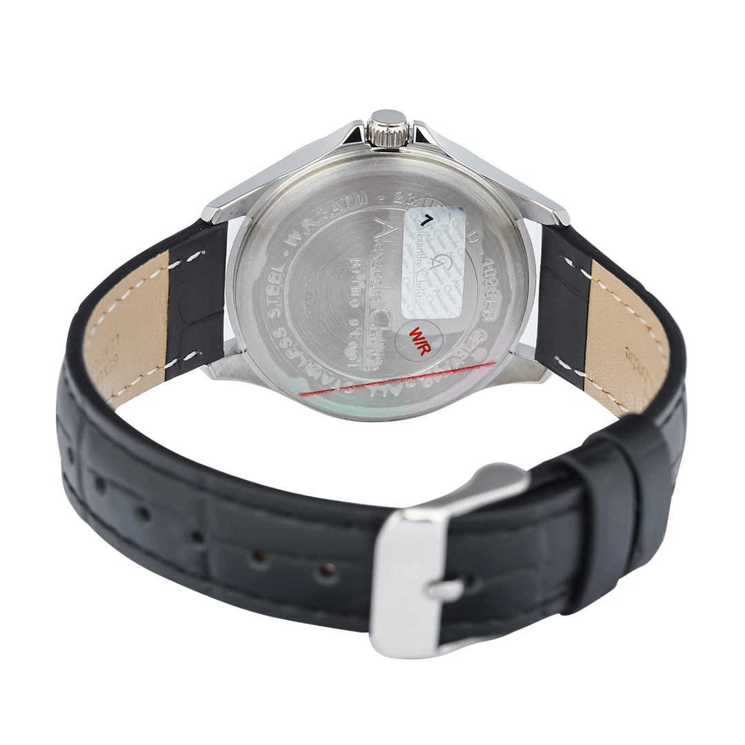 Jam Tangan Alexandre Christie Primo Steel AC 1026 LDLSSSL Women Silver Dial Black Leather Strap