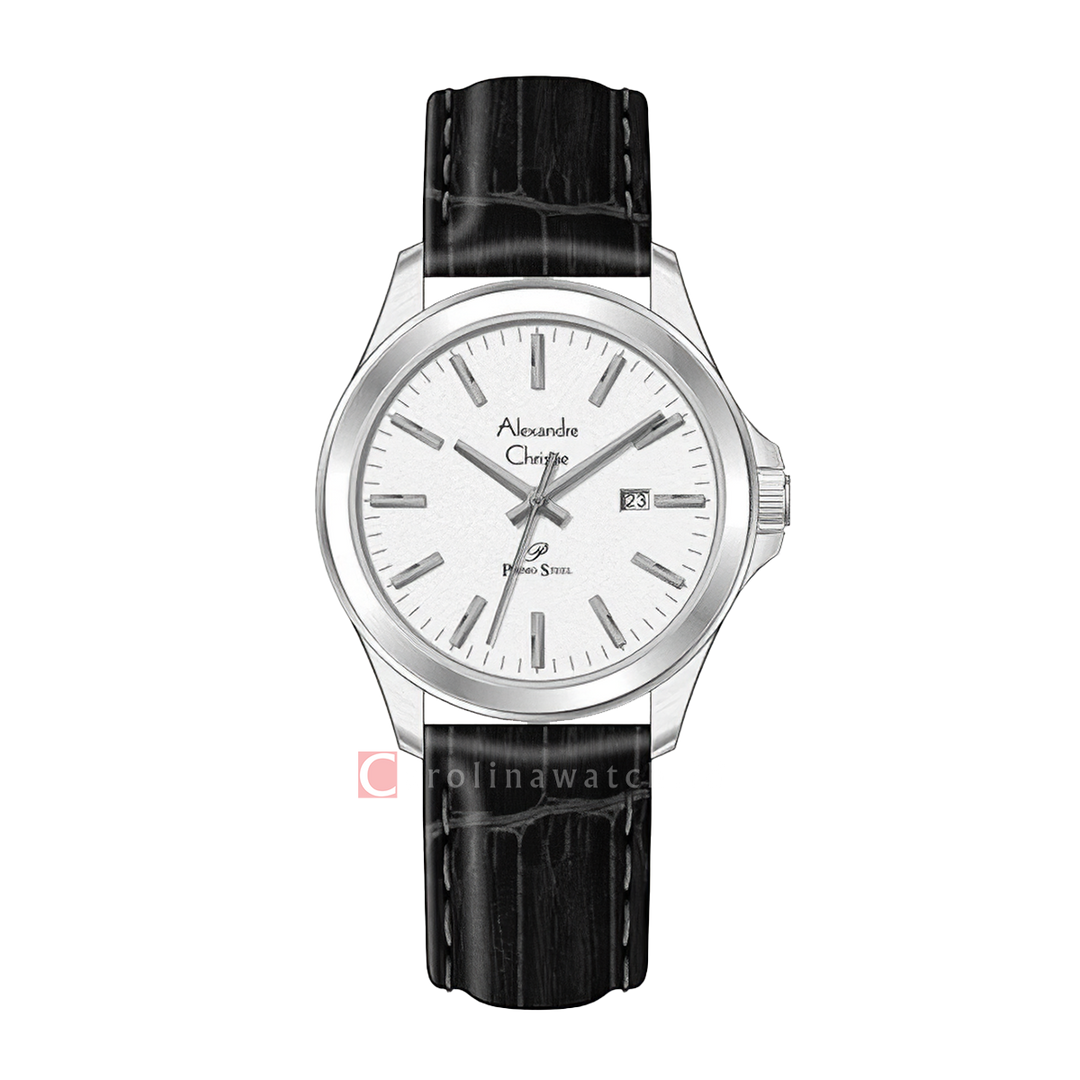 Jam Tangan Alexandre Christie Primo Steel AC 1026 LDLSSSL Women Silver Dial Black Leather Strap