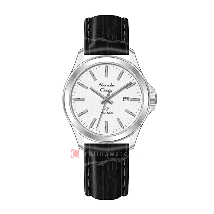 Jam Tangan Alexandre Christie Primo Steel AC 1026 LDLSSSL Women Silver Dial Black Leather Strap