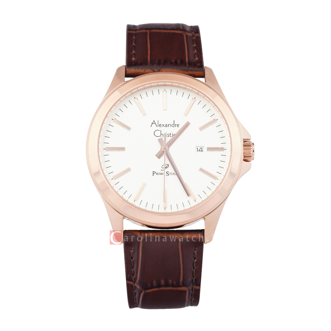 Jam Tangan Alexandre Christie Primo Steel AC 1026 MDLRGSL Men Silver Dial Brown Leather Strap