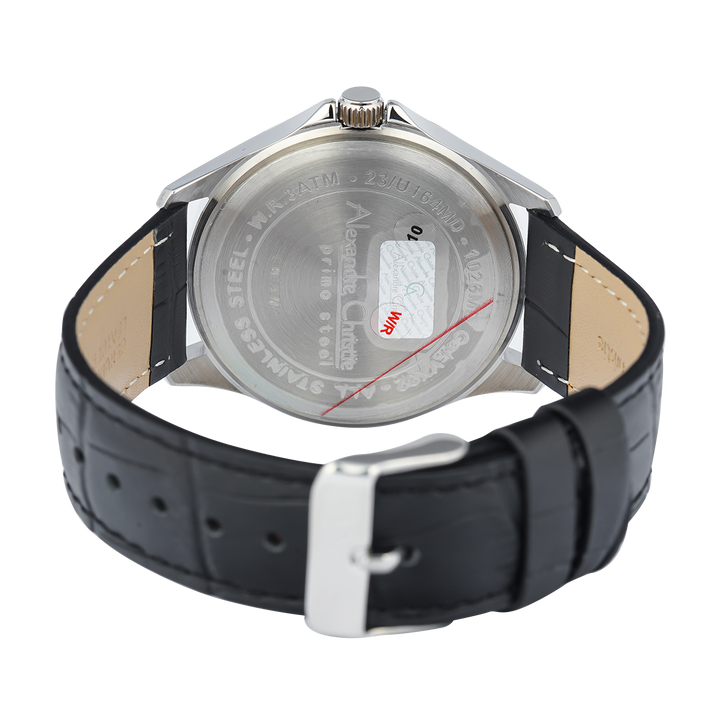 Jam Tangan Alexandre Christie Primo Steel AC 1026 MDLSSSL Men Silver Dial Black Leather Strap