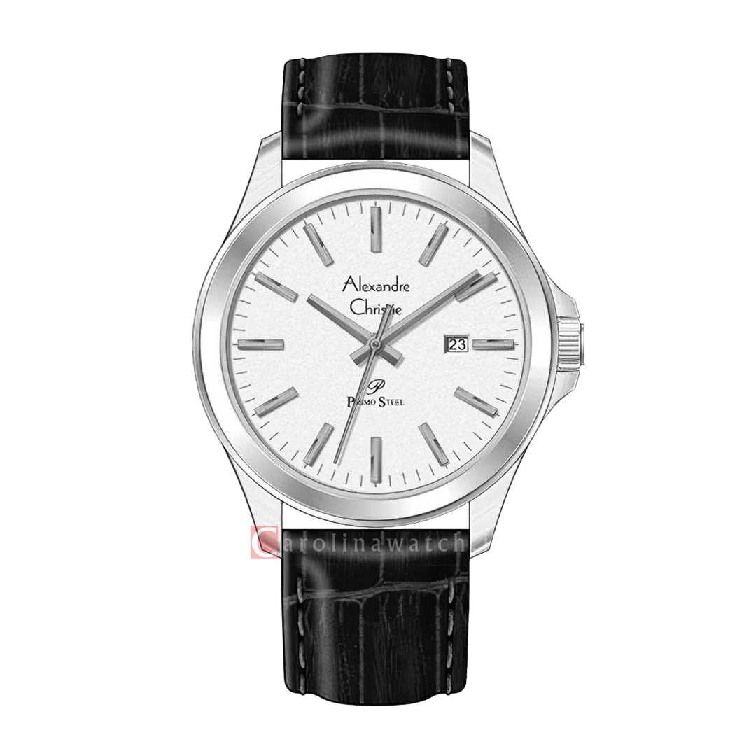 Jam Tangan Alexandre Christie Primo Steel AC 1026 MDLSSSL Men Silver Dial Black Leather Strap