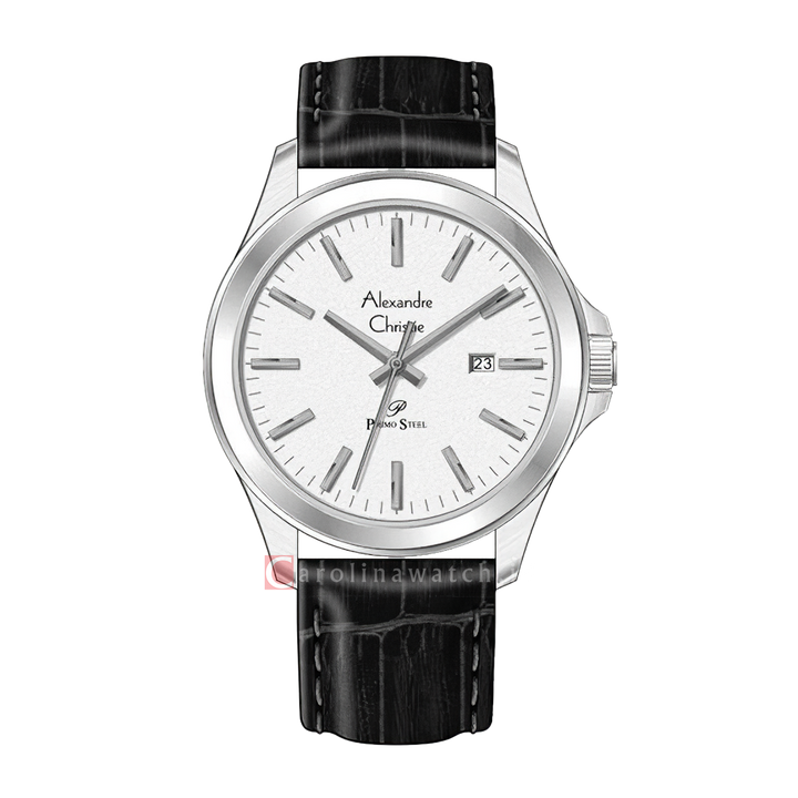Jam Tangan Alexandre Christie Primo Steel AC 1026 MDLSSSL Men Silver Dial Black Leather Strap