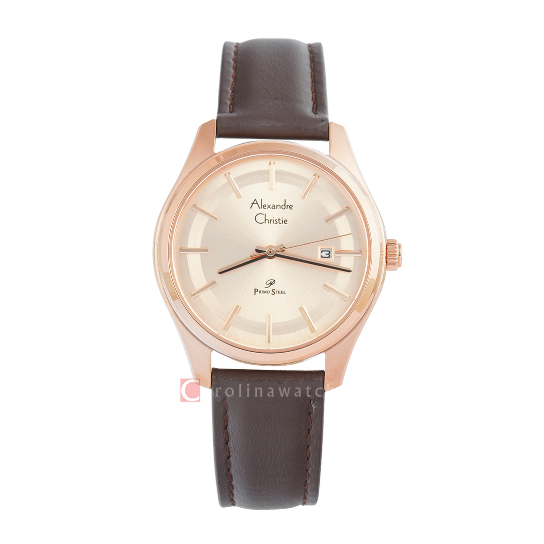 Jam Tangan Alexandre Christie Primo Steel AC 1027 LDLRGLN Women Gold Dial Brown Leather Strap