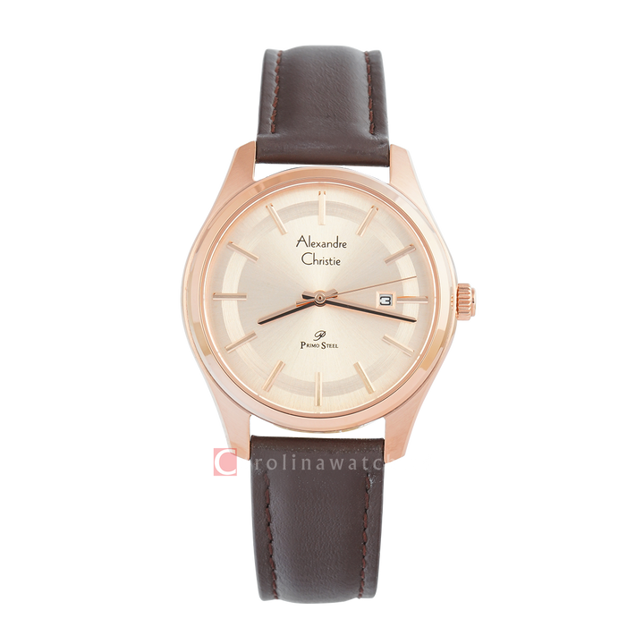 Jam Tangan Alexandre Christie Primo Steel AC 1027 LDLRGLN Women Gold Dial Brown Leather Strap