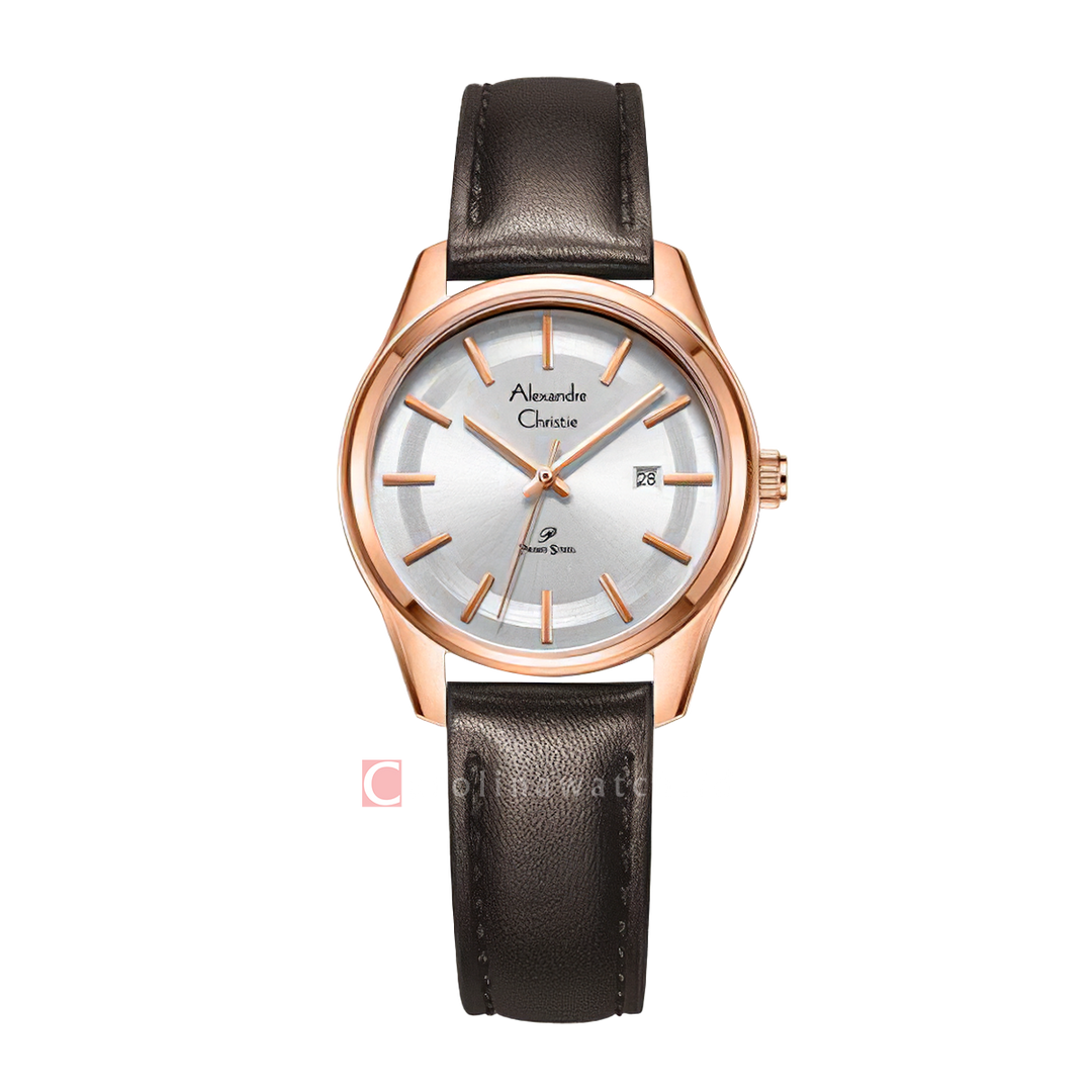 Jam Tangan Alexandre Christie Primo Steel AC 1027 LDLRGSL Women Silver Dial Brown Leather Strap