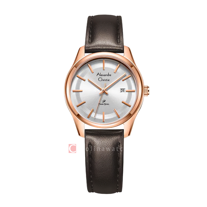 Jam Tangan Alexandre Christie Primo Steel AC 1027 LDLRGSL Women Silver Dial Brown Leather Strap