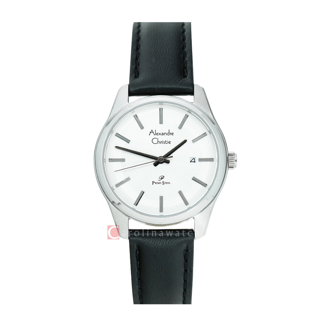Jam Tangan Alexandre Christie Primo Steel AC 1027 LDLSSSLBA Women Silver Dial Black Leather Strap