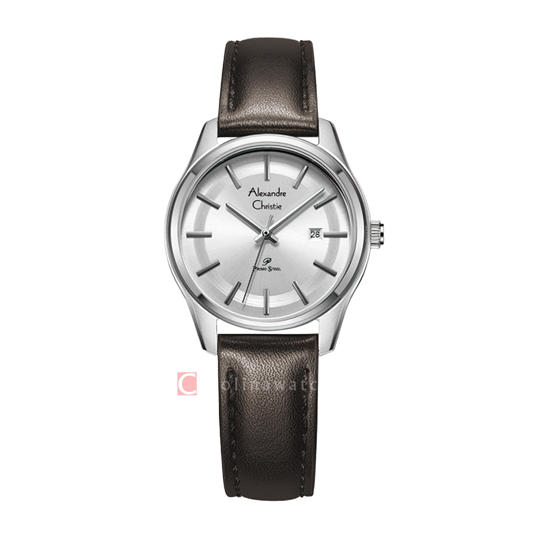 Jam Tangan Alexandre Christie Primo Steel AC 1027 LDLSSSLBO Women Silver Dial Brown Leather Strap