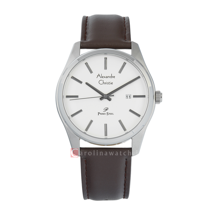 Jam Tangan Alexandre Christie Primo Steel AC 1027 MDLSSSLBO Men Silver Dial Brown Leather Strap