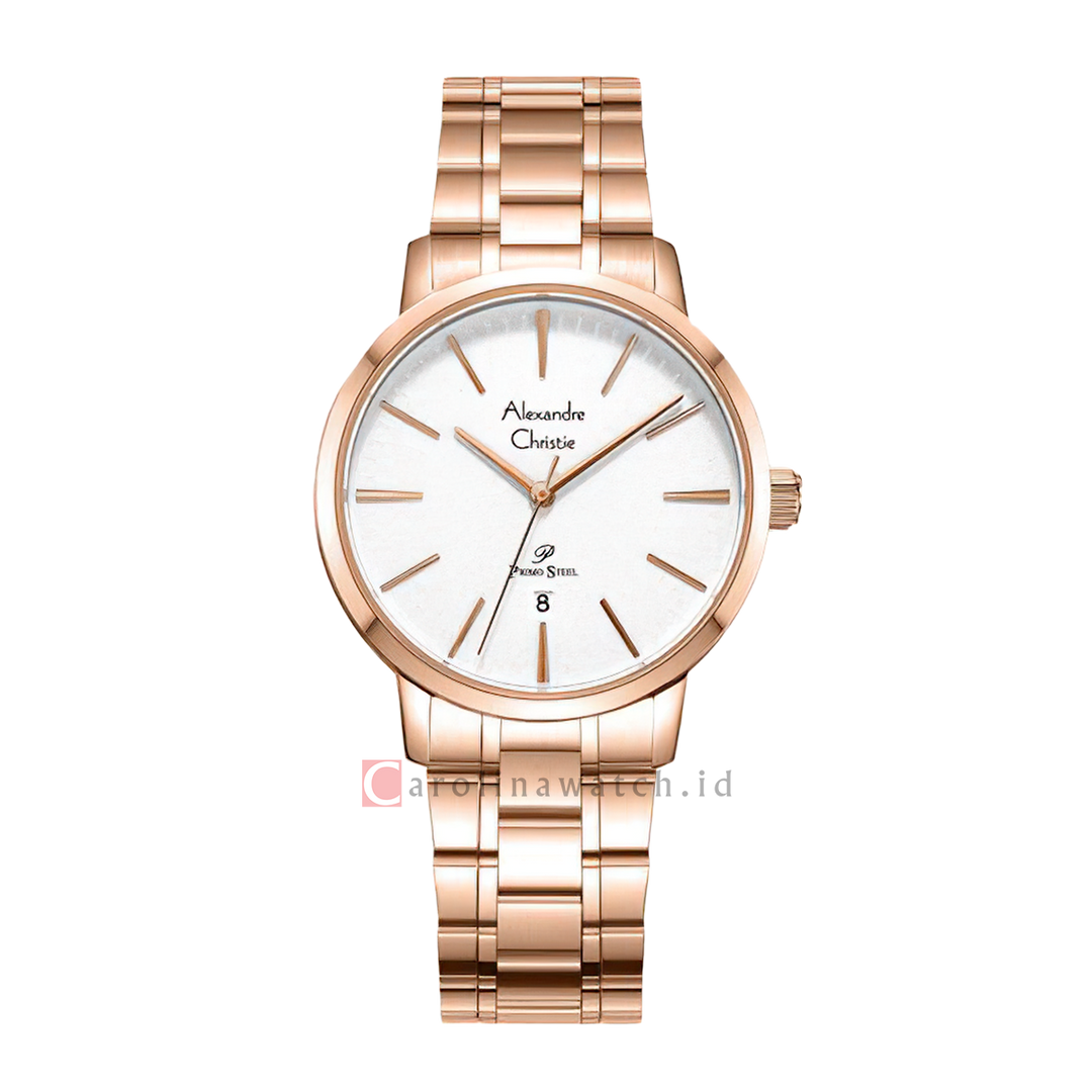 Jam Tangan Alexandre Christie Primo Steel AC 1028 LDBRGSL Women Silver White Dial Rose Gold Stainless Steel Strap