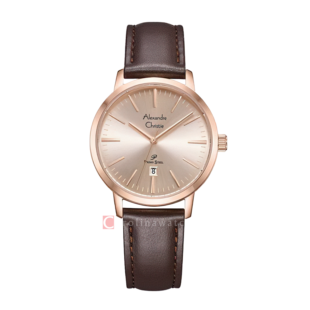 Jam Tangan Alexandre Christie Primo Steel AC 1028 LDLRGLN Women Gold Dial Brown Leather Strap