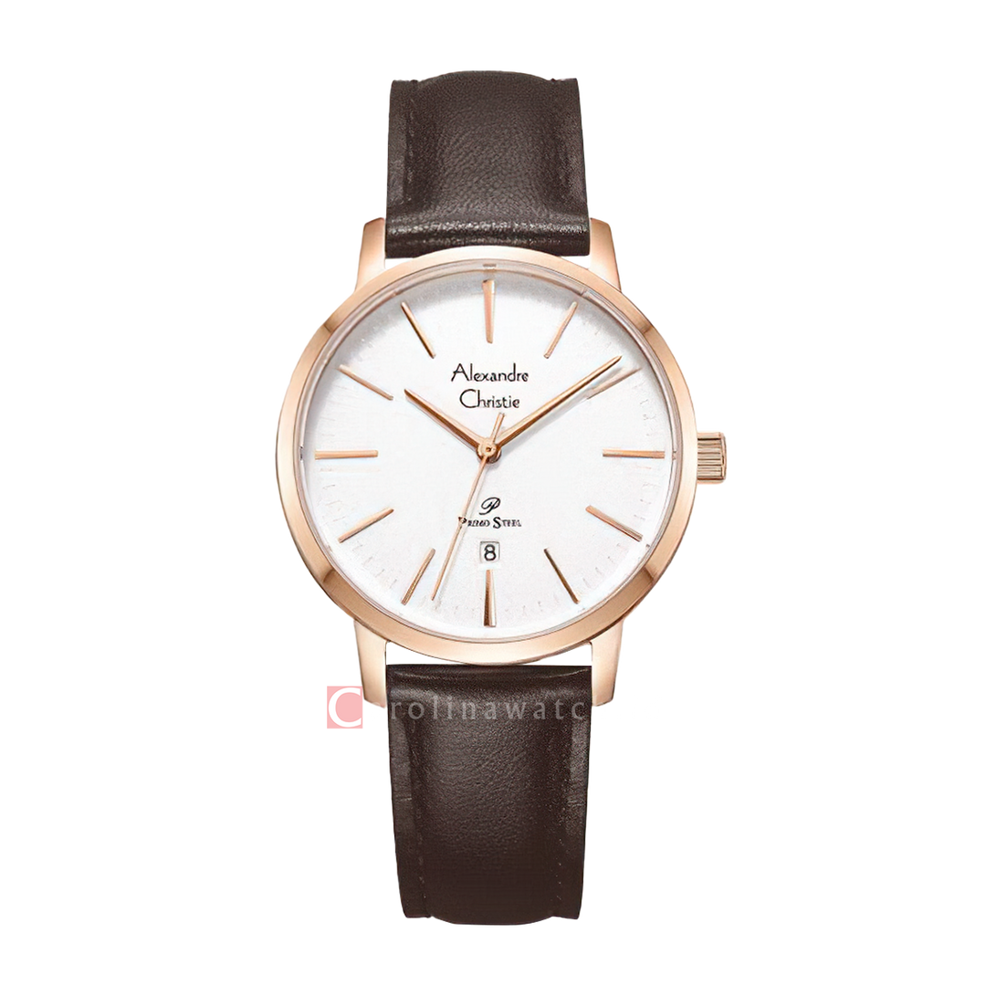 Jam Tangan Alexandre Christie Primo Steel AC 1028 LDLRGSLBO Women White Dial Brown Leather Strap