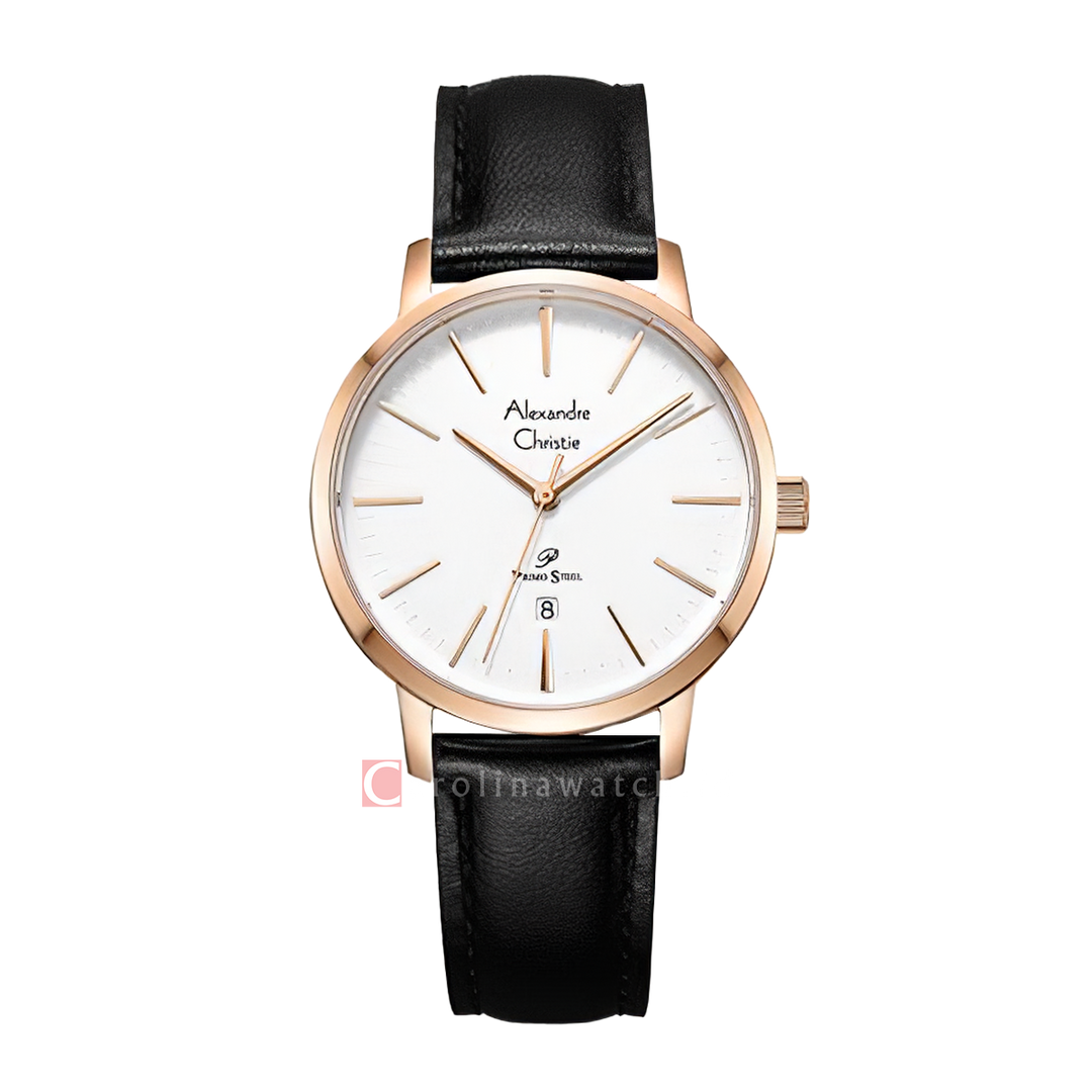 Jam Tangan Alexandre Christie Primo Steel AC 1028 LDLRGSL Women Silver Dial Black Leather Strap