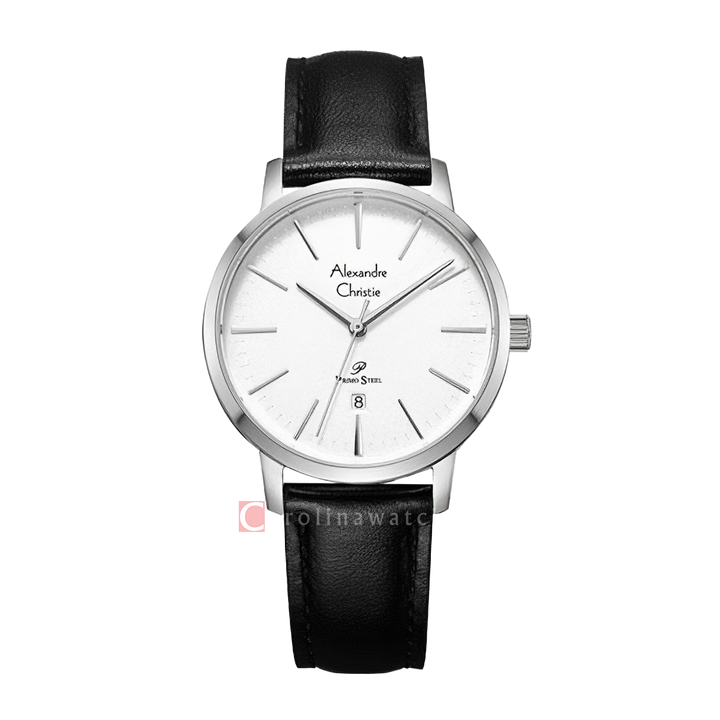 Jam Tangan Alexandre Christie Primo Steel AC 1028 LDLSSSL Women White Dial Black Leather Strap