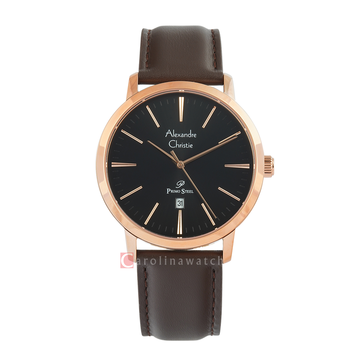 Jam Tangan Alexandre Christie Primo Steel AC 1028 MDLRGBABO Men Black Dial Brown Leather Strap