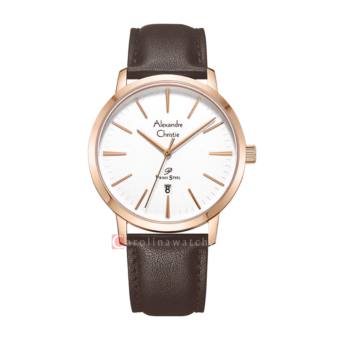 Jam Tangan Alexandre Christie Primo Steel AC 1028 MDLRGSLBO Men White Dial Brown Leather Strap