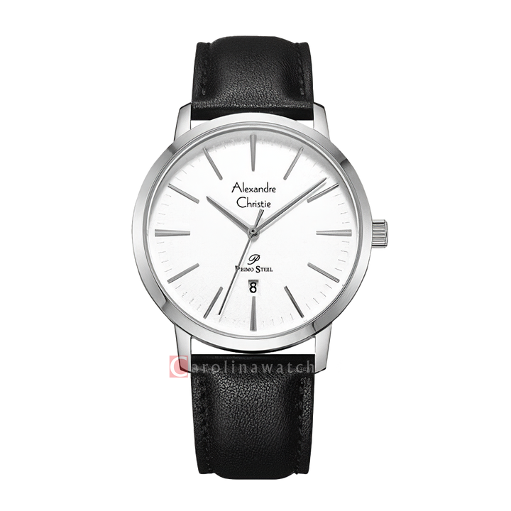 Jam Tangan Alexandre Christie Primo Steel AC 1028 MDLSSSL Men White Dial Black Leather Strap