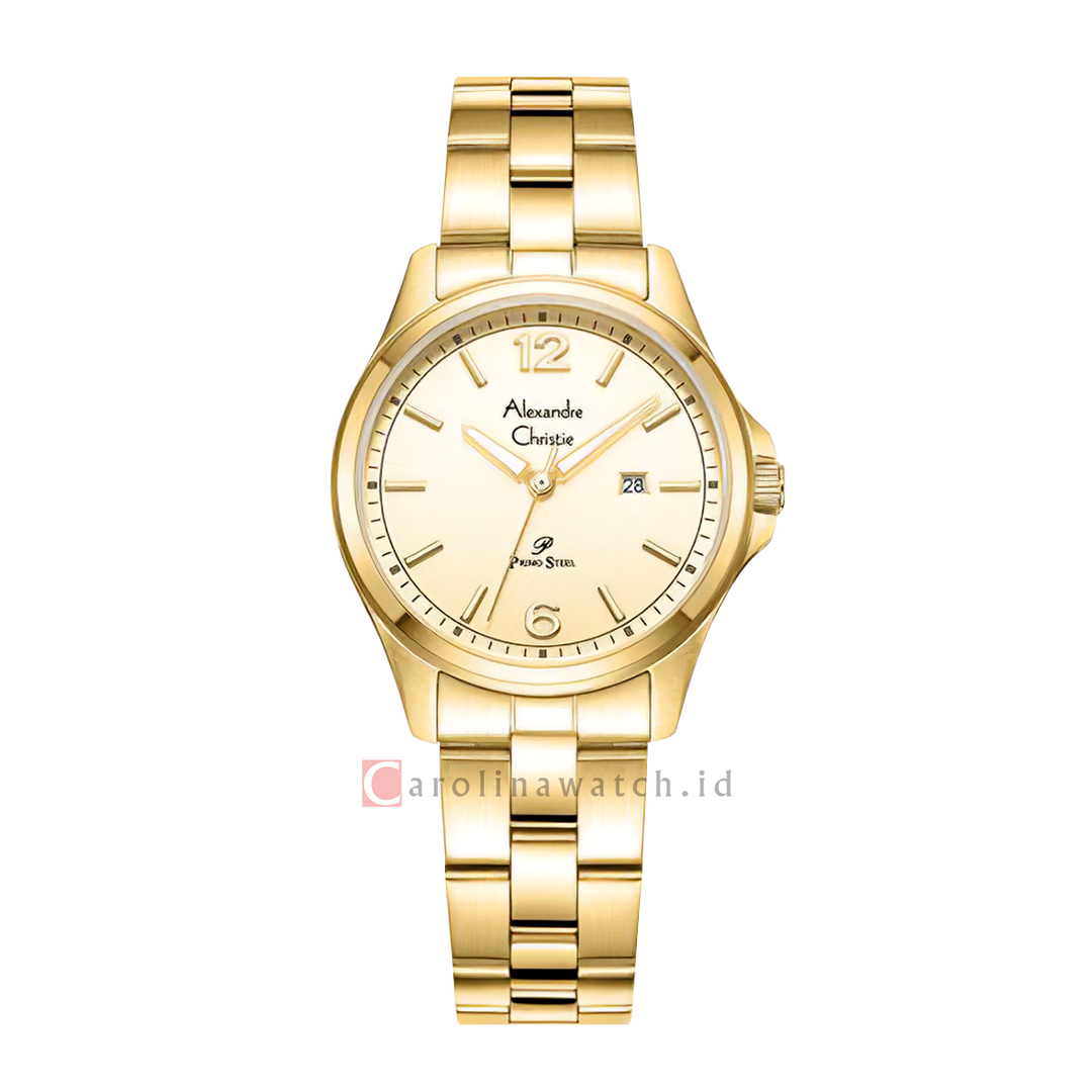 Jam Tangan Alexandre Christie Primo Steel AC 1029 LDBGPIV Women Gold Dial Gold Stainless Steel Strap