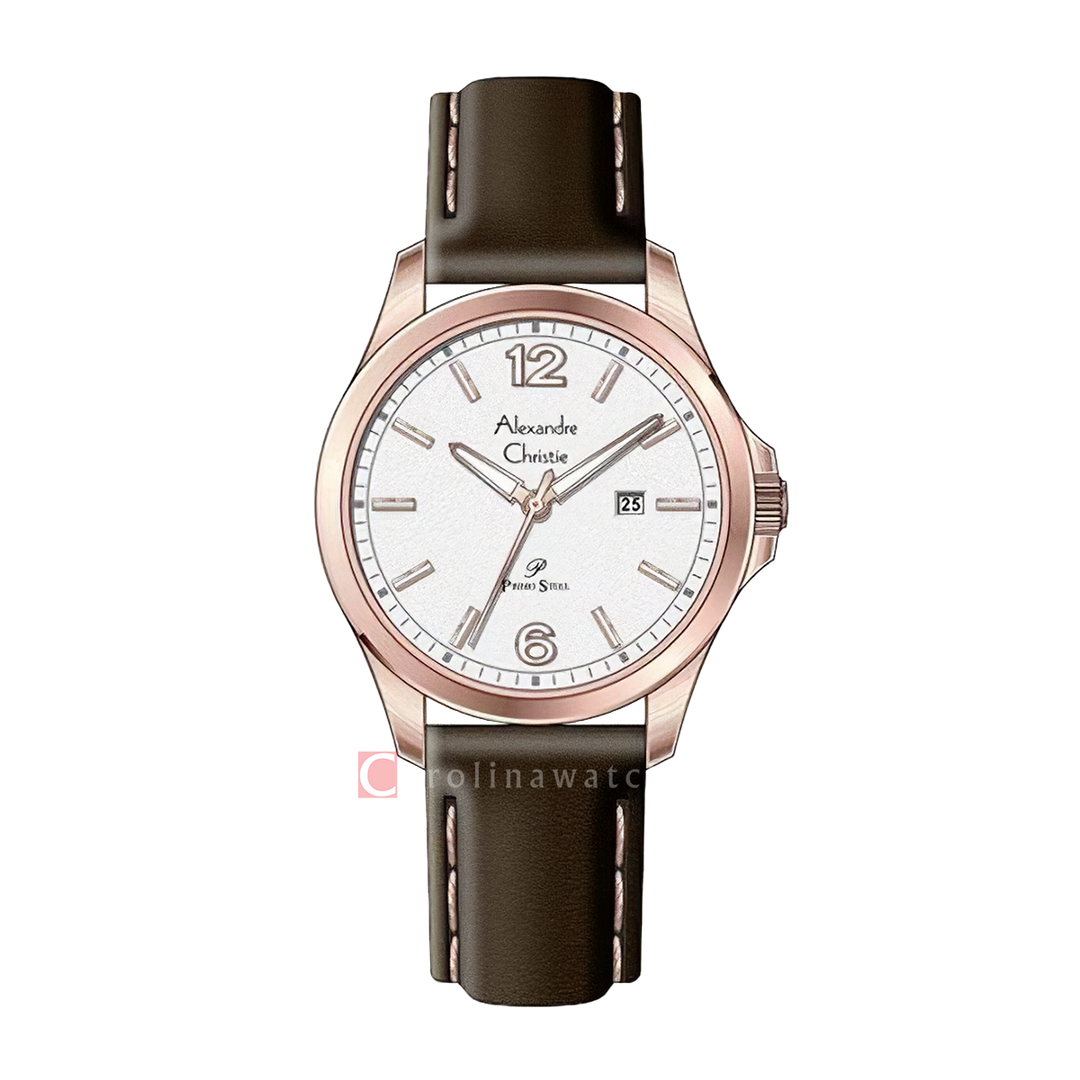 Jam Tangan Alexandre Christie Primo Steel AC 1029 LDLRGSL Women Silver Dial Brown Leather Strap