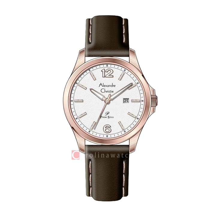 Jam Tangan Alexandre Christie Primo Steel AC 1029 LDLRGSL Women Silver Dial Brown Leather Strap