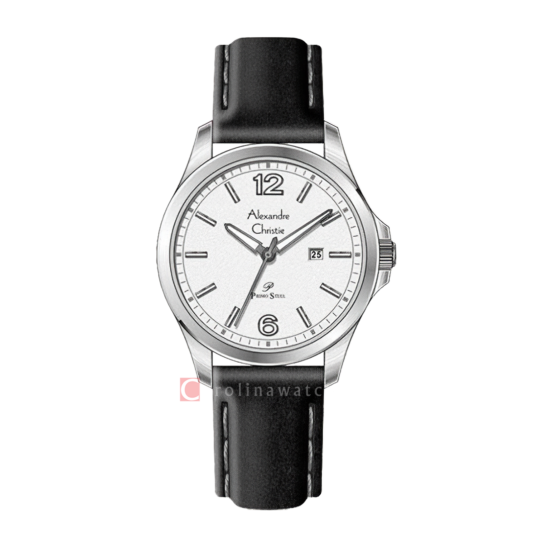 Jam Tangan Alexandre Christie Primo Steel AC 1029 LDLSSSL Women Silver Dial Black Leather Strap