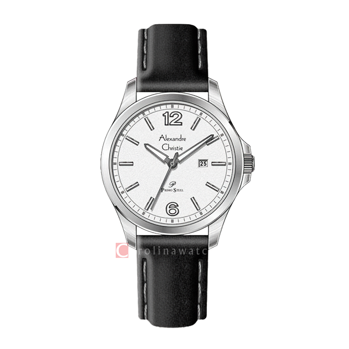 Jam Tangan Alexandre Christie Primo Steel AC 1029 LDLSSSL Women Silver Dial Black Leather Strap