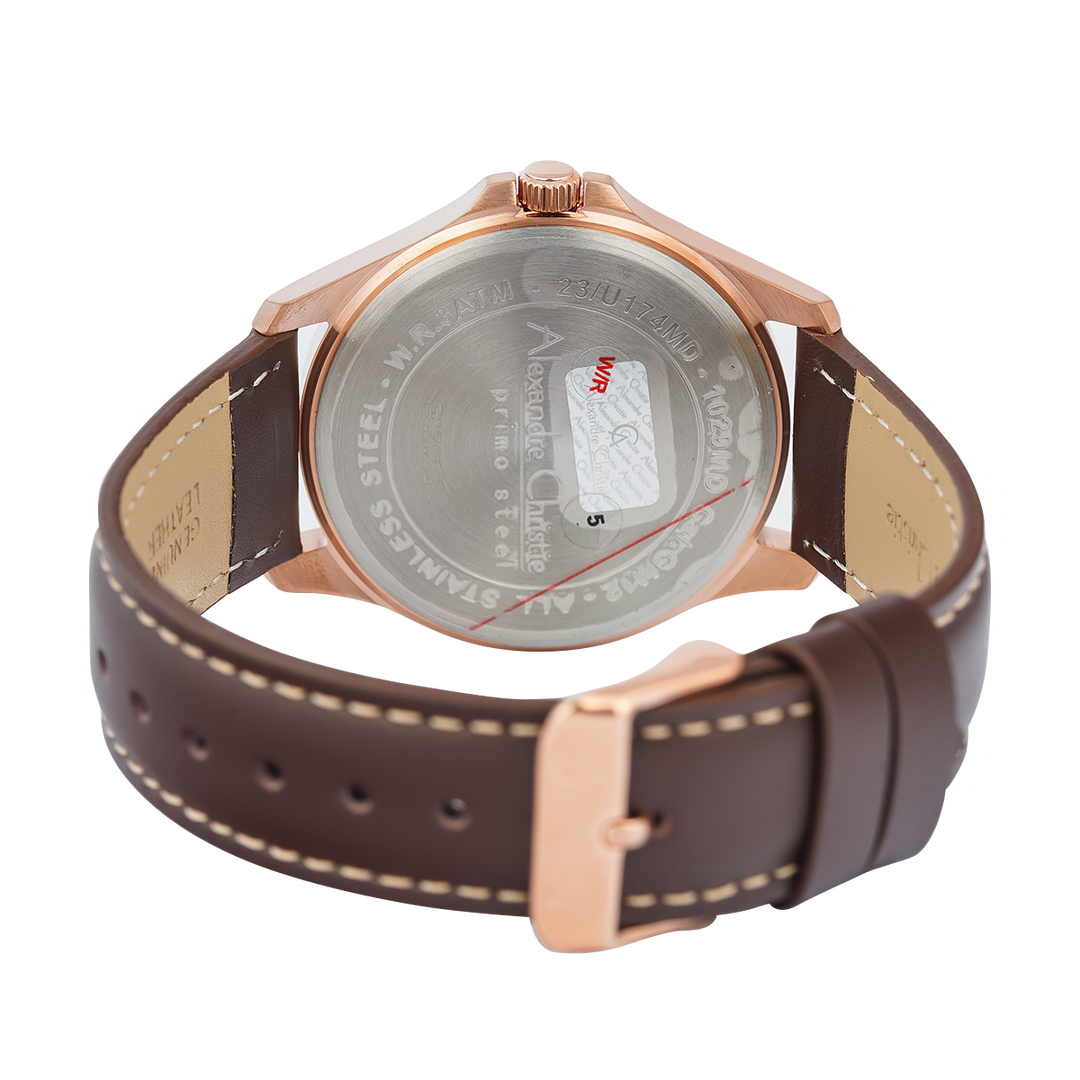 Jam Tangan Alexandre Christie Primo Steel AC 1029 MDLRGSL Men Silver Dial Brown Leather Strap