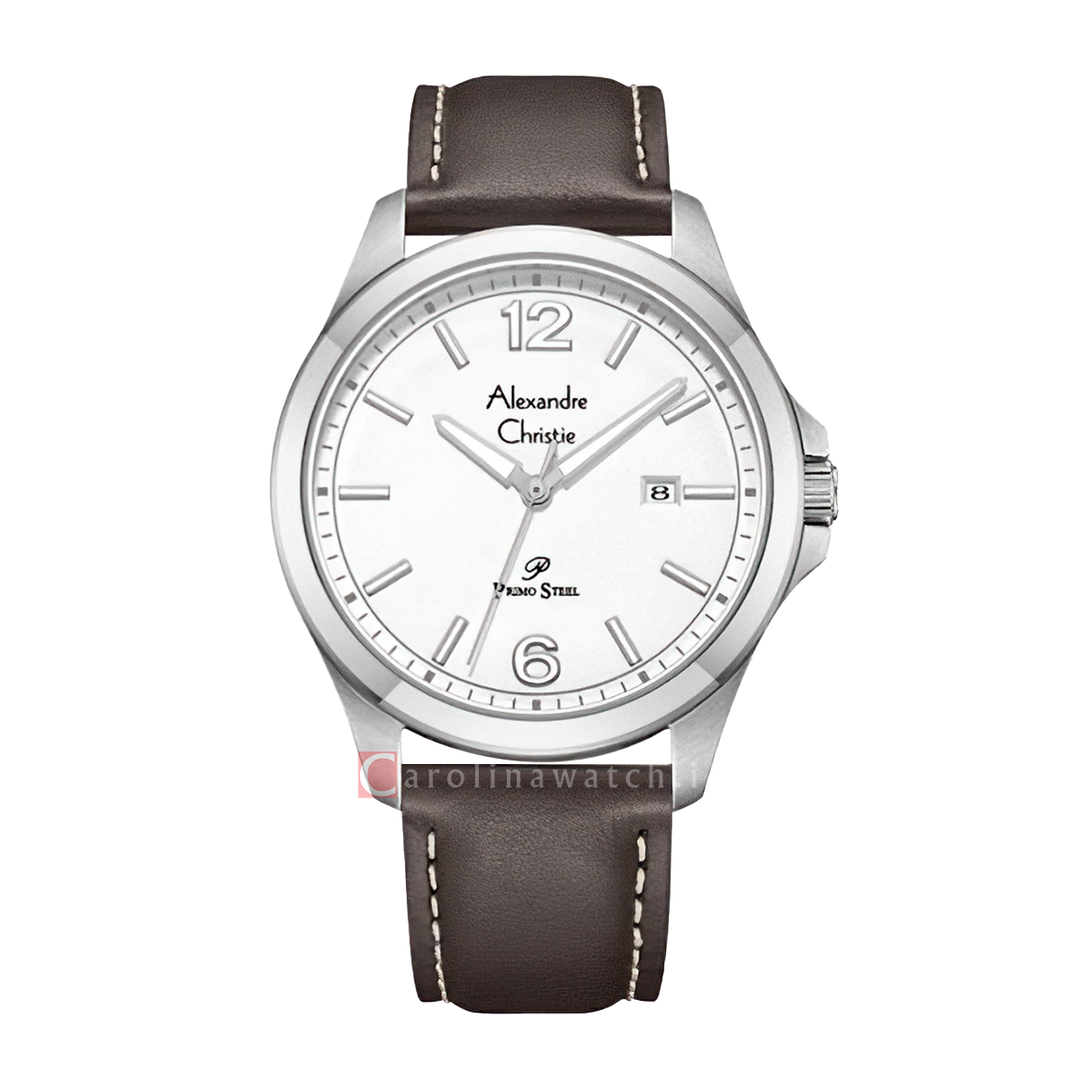 Jam Tangan Alexandre Christie Primo Steel AC 1029 MDLSSSLBO Men Silver Dial Brown Leather Strap