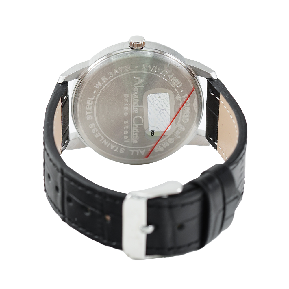 Jam Tangan Alexandre Christie Primo Steel AC 1030 MDLSSSL Men White Dial Black Leather Strap Strap