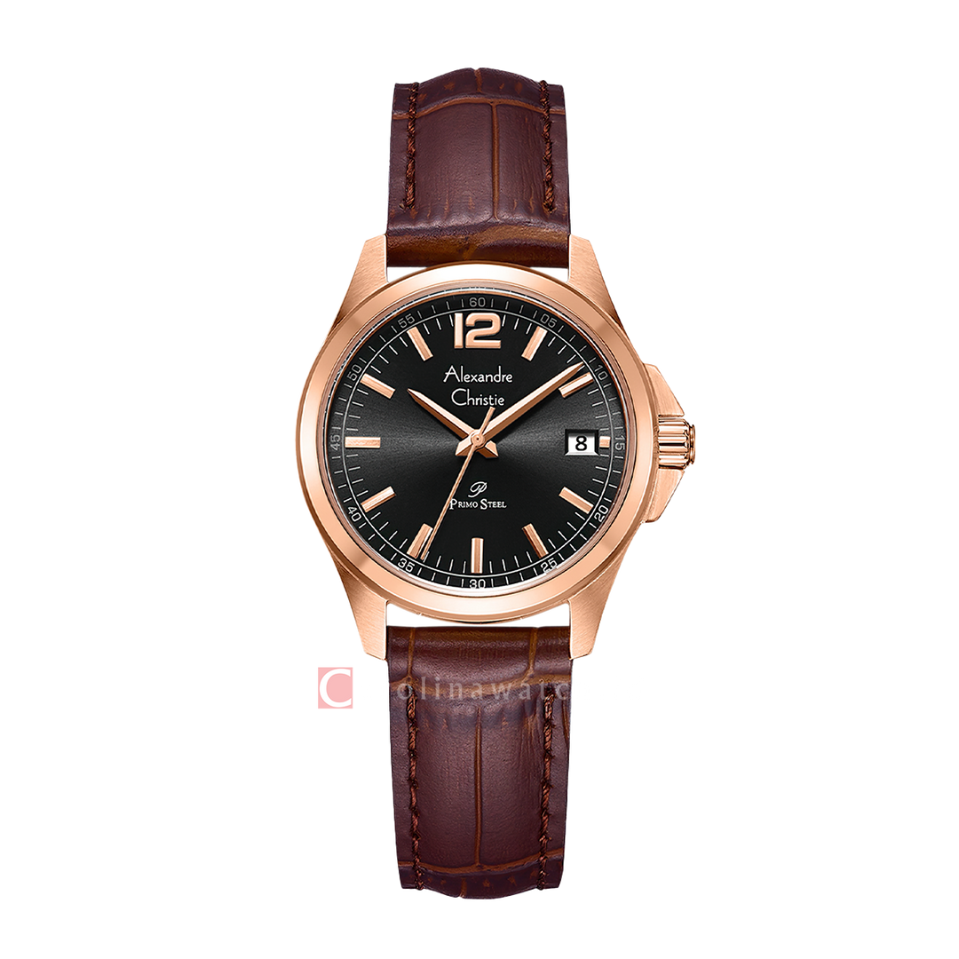 Jam Tangan Alexandre Christie Primo Steel AC 1031 LDLRGBABO Women Black Dial Brown Leather Strap