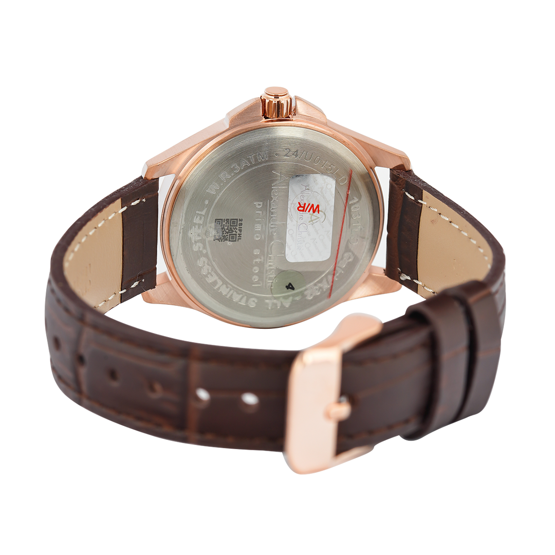 Jam Tangan Alexandre Christie Primo Steel AC 1031 LDLRGLN Women Gold Dial Brown Leather Strap