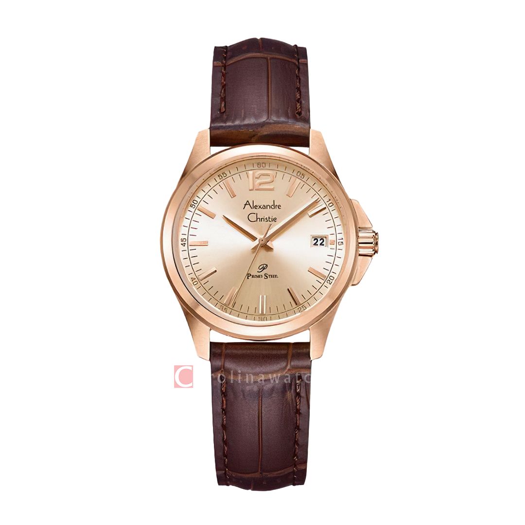 Jam Tangan Alexandre Christie Primo Steel AC 1031 LDLRGLN Women Gold Dial Brown Leather Strap