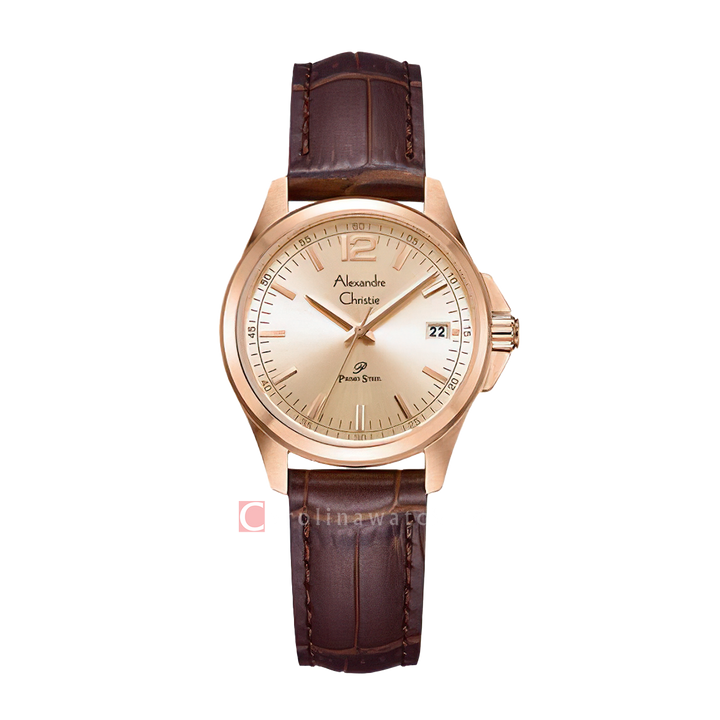 Jam Tangan Alexandre Christie Primo Steel AC 1031 LDLRGLN Women Gold Dial Brown Leather Strap