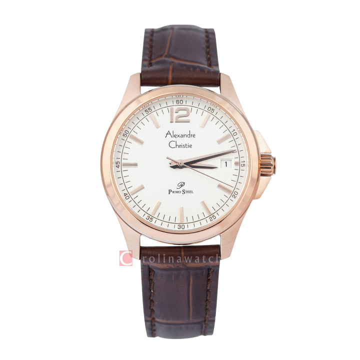 Jam Tangan Alexandre Christie Primo Steel AC 1031 LDLRGSL Women Silver Dial Brown Leather Strap