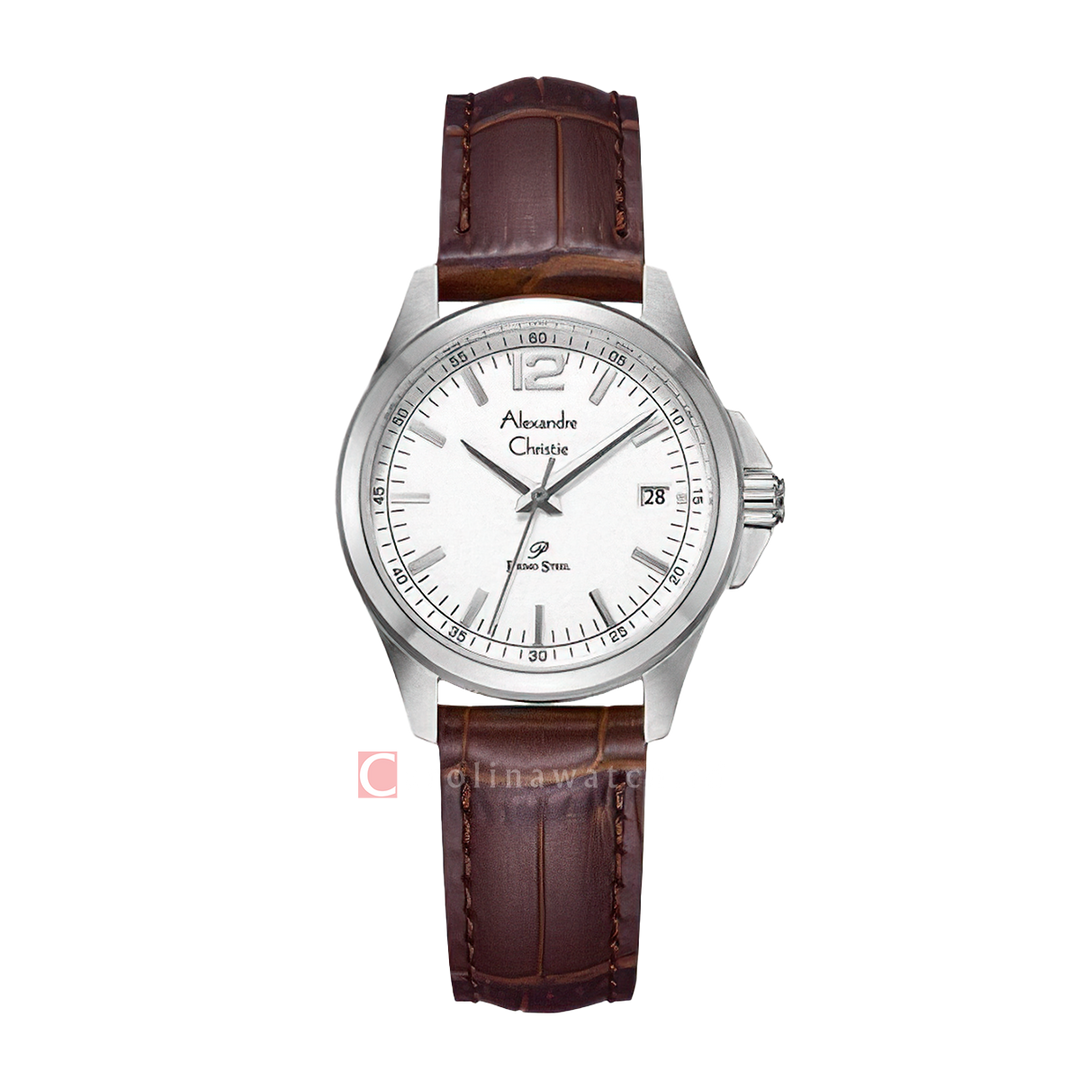 Jam Tangan Alexandre Christie Primo Steel AC 1031 LDLSSSLBO Women White Dial Brown Leather Strap