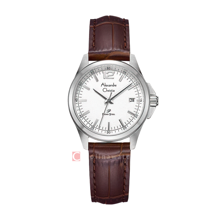 Jam Tangan Alexandre Christie Primo Steel AC 1031 LDLSSSLBO Women White Dial Brown Leather Strap