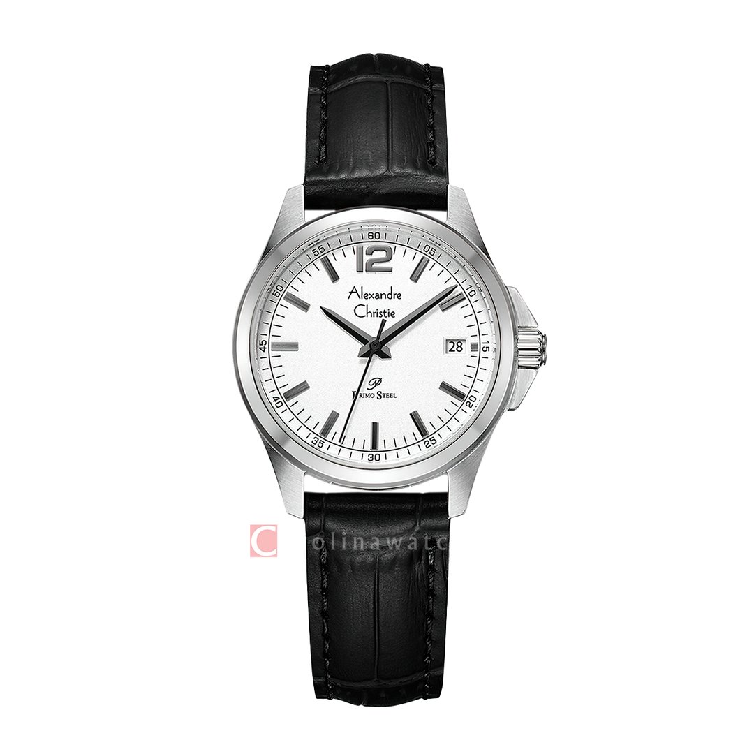 Jam Tangan Alexandre Christie Primo Steel AC 1031 LDLSSSL Women White Dial Black Leather Strap