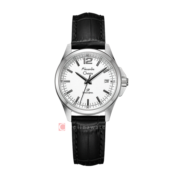 Jam Tangan Alexandre Christie Primo Steel AC 1031 LDLSSSL Women White Dial Black Leather Strap