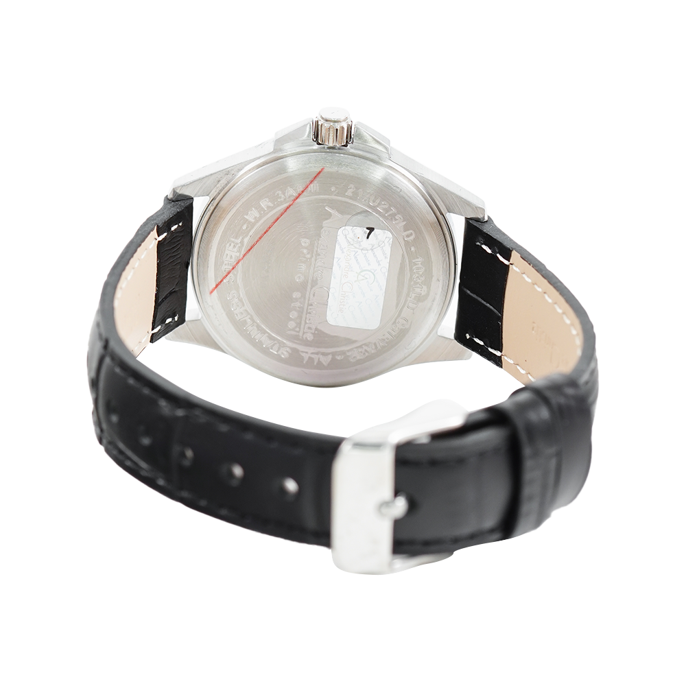 Jam Tangan Alexandre Christie Primo Steel AC 1031 LDLSSSL Women White Dial Black Leather Strap