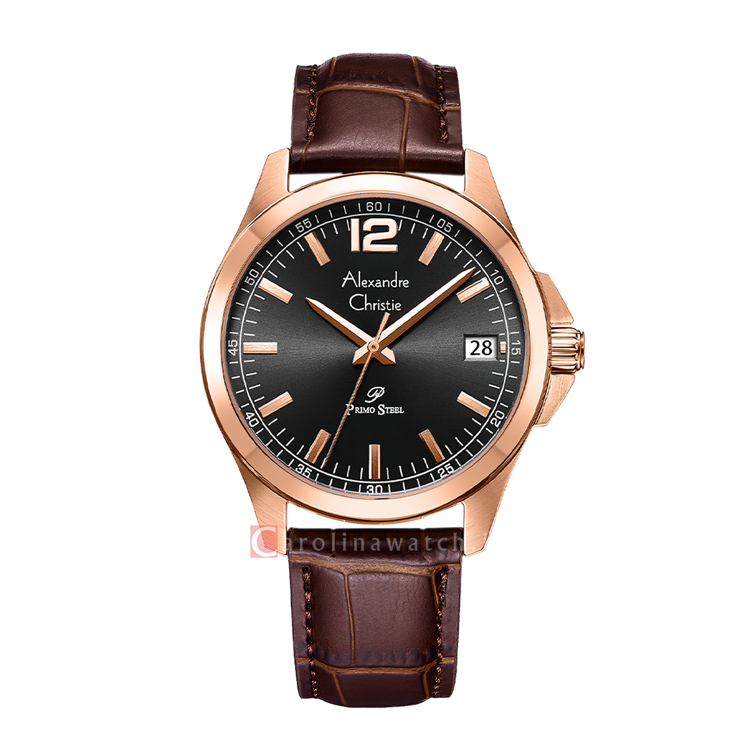Jam Tangan Alexandre Christie Primo Steel AC 1031 MDLRGBABO Men Black Dial Brown Leather Strap
