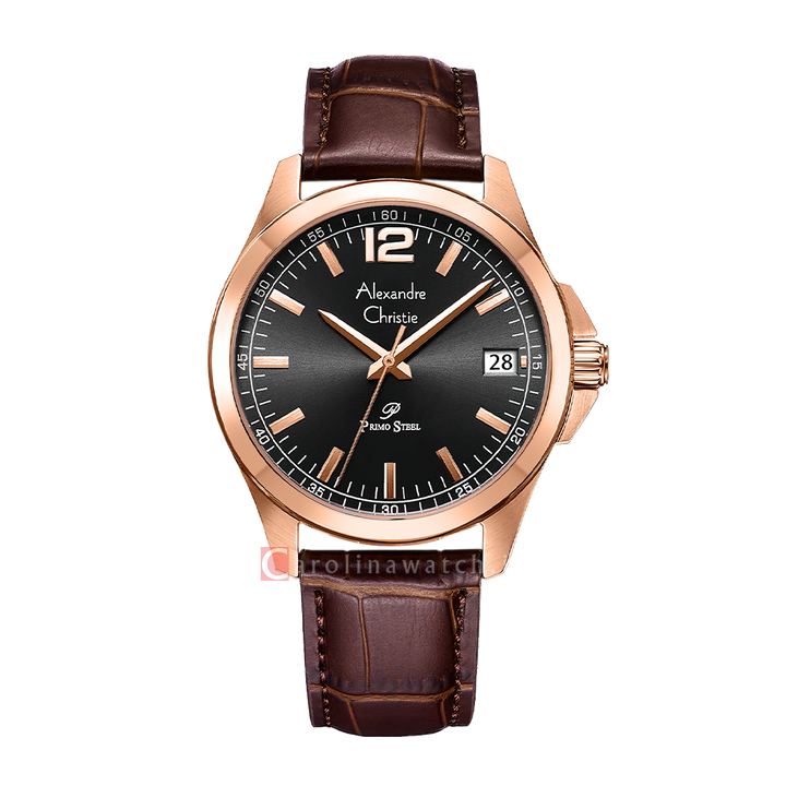 Jam Tangan Alexandre Christie Primo Steel AC 1031 MDLRGBABO Men Black Dial Brown Leather Strap