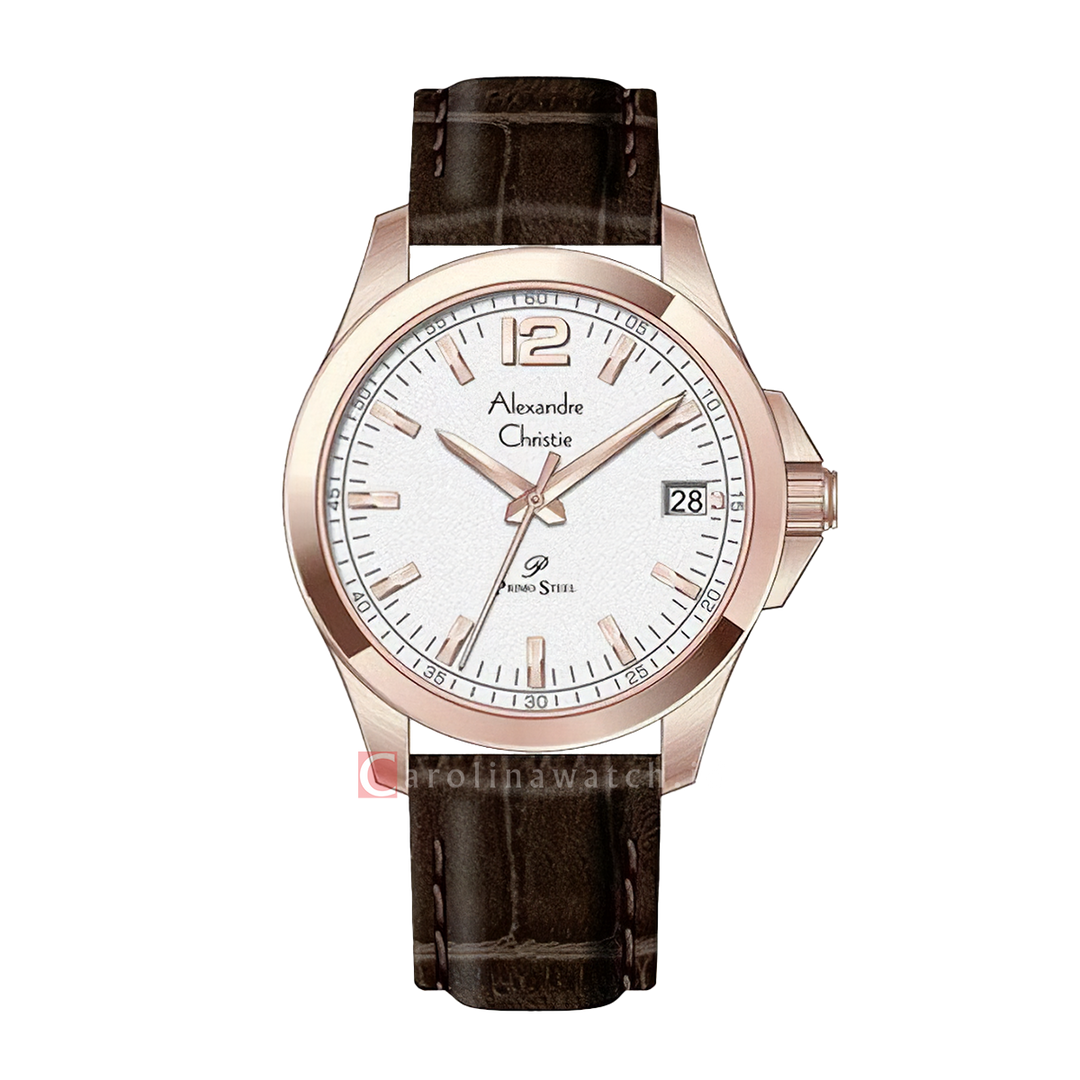 Jam Tangan Alexandre Christie Primo Steel AC 1031 MDLRGSL Men Silver Dial Brown Leather Strap