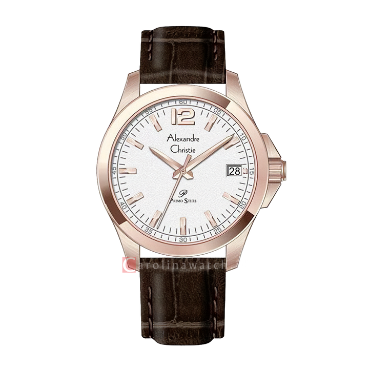 Jam Tangan Alexandre Christie Primo Steel AC 1031 MDLRGSL Men Silver Dial Brown Leather Strap