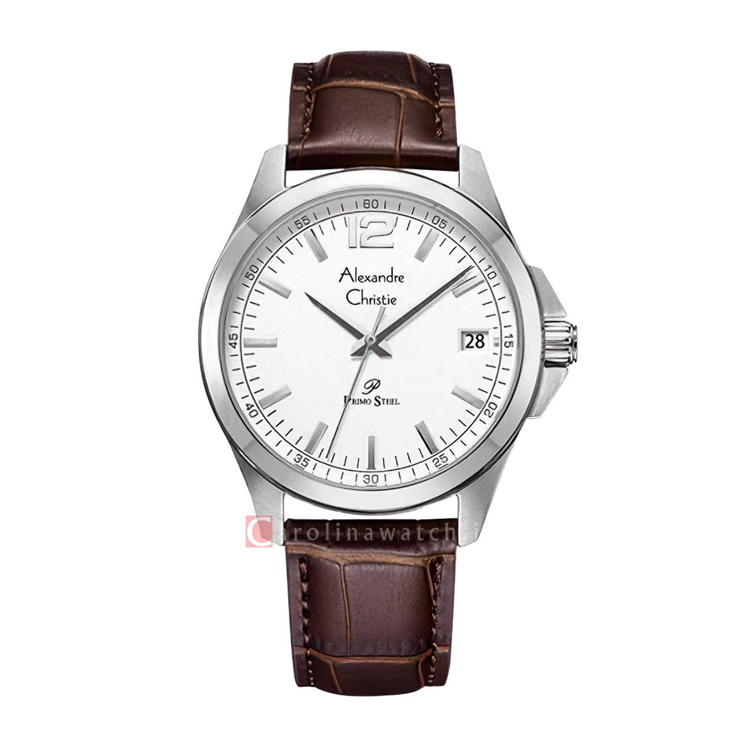 Jam Tangan Alexandre Christie Primo Steel AC 1031 MDLSSSLBO Men White Dial Brown Leather Strap