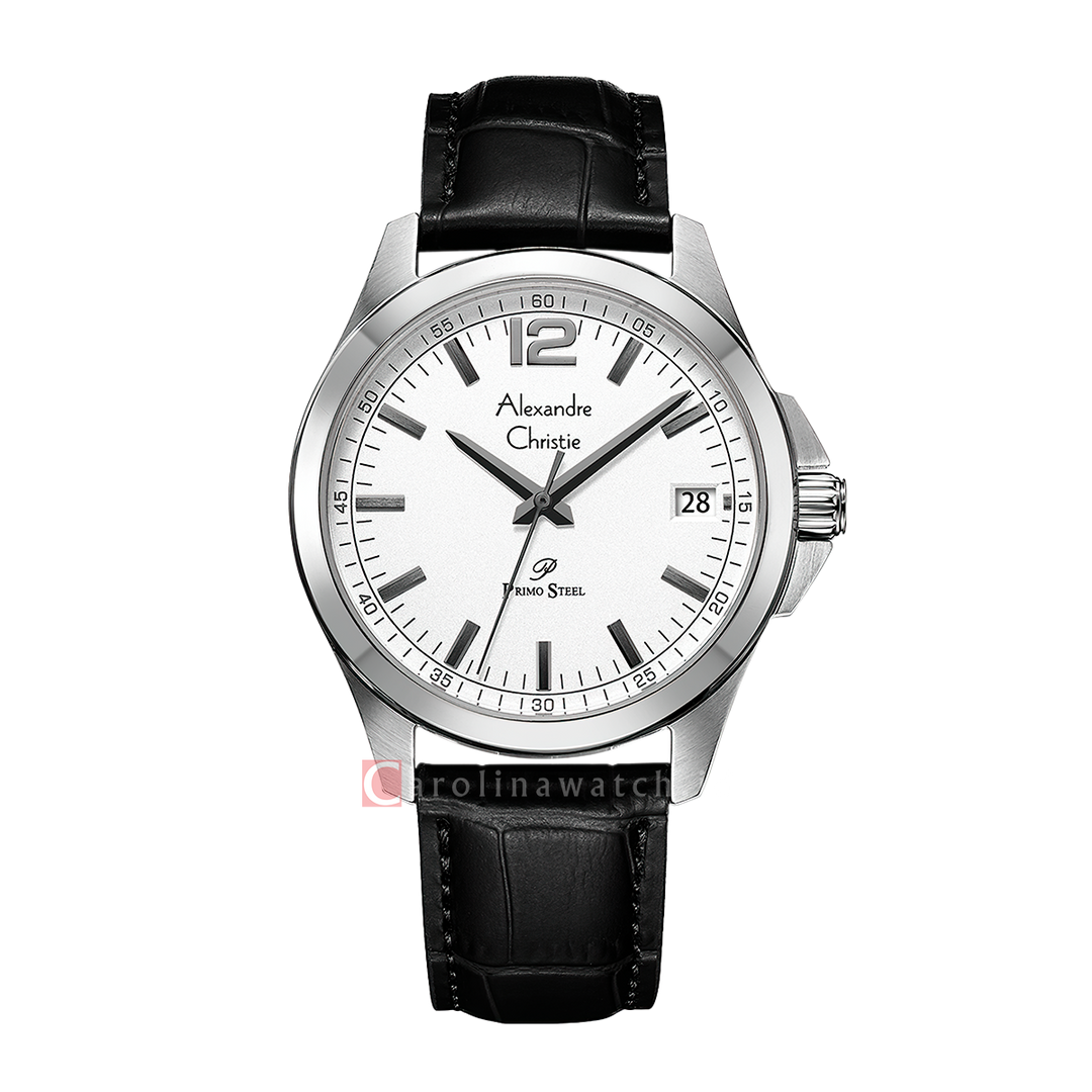 Jam Tangan Alexandre Christie Primo Steel AC 1031 MDLSSSL Men White Dial Black Leather Strap